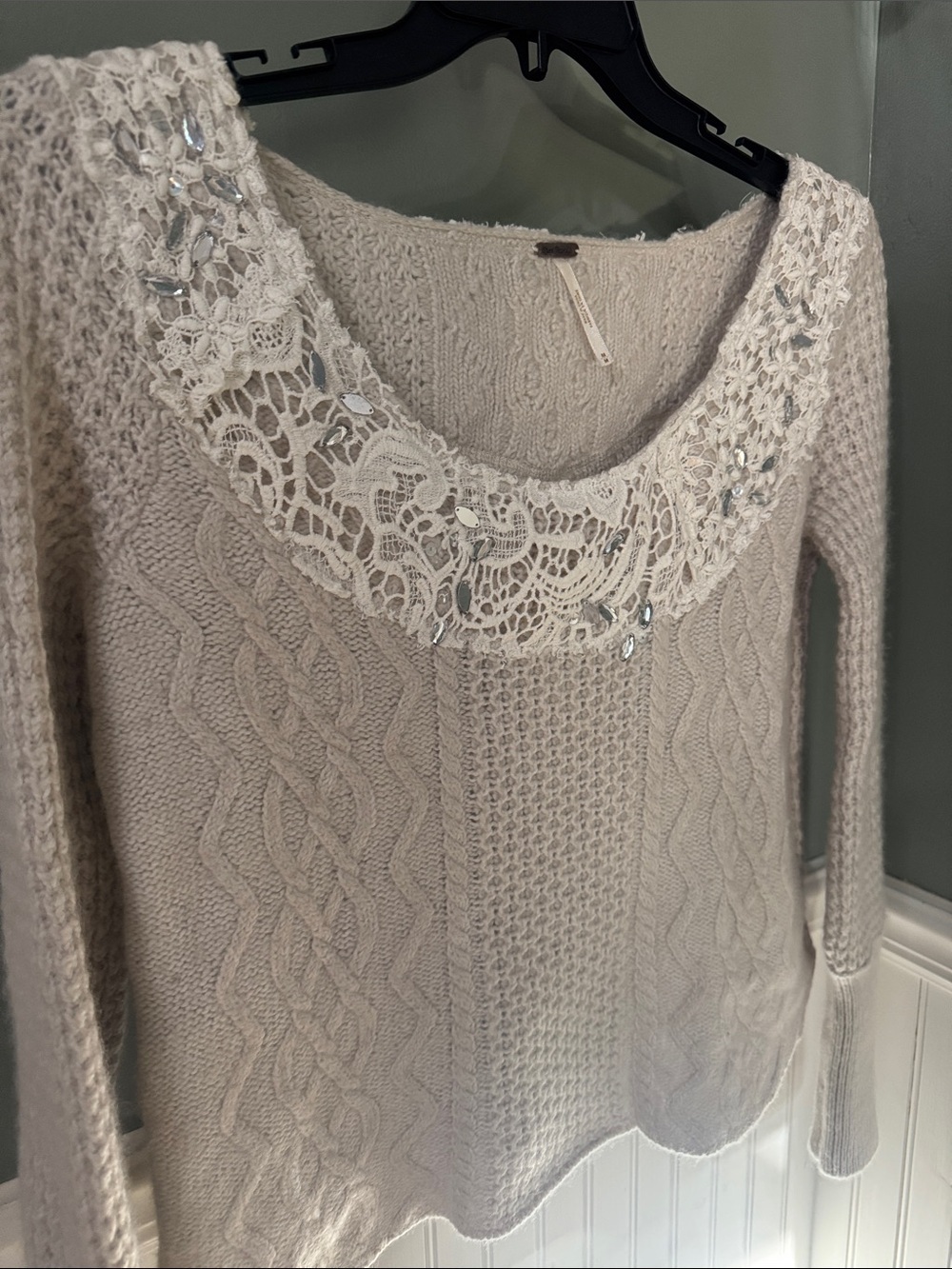 Free People Women's Cream Cable Knit Scoop Neck Sweater with Lace & Bead Detail - Picture 2 of 7